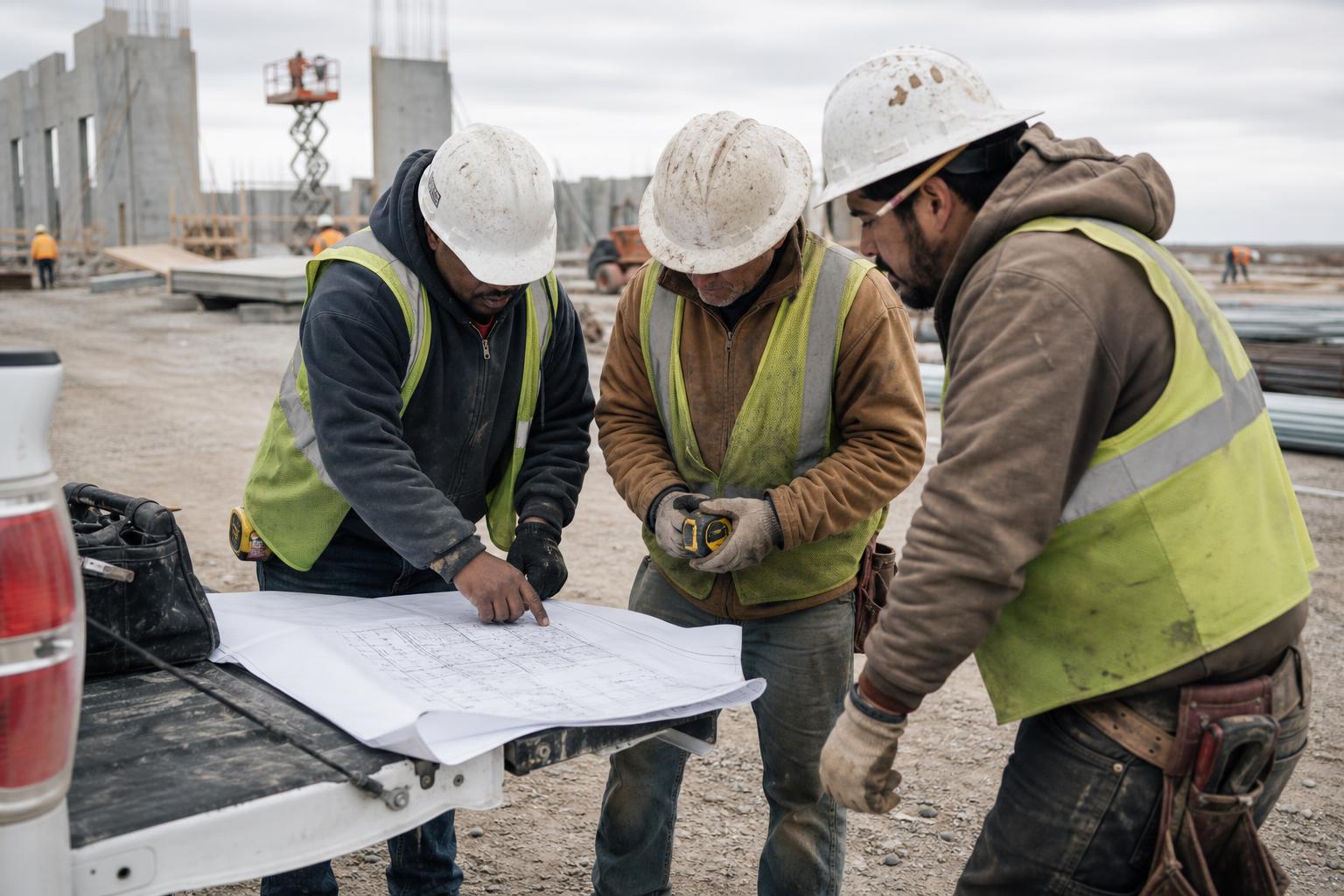 Hampton Roads contractors reviewing project drawings together